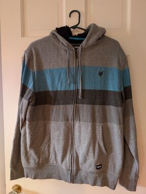 Zoo York Men’s Grey Zip-Up Hoodie with Blue and Dark Grey Stripe